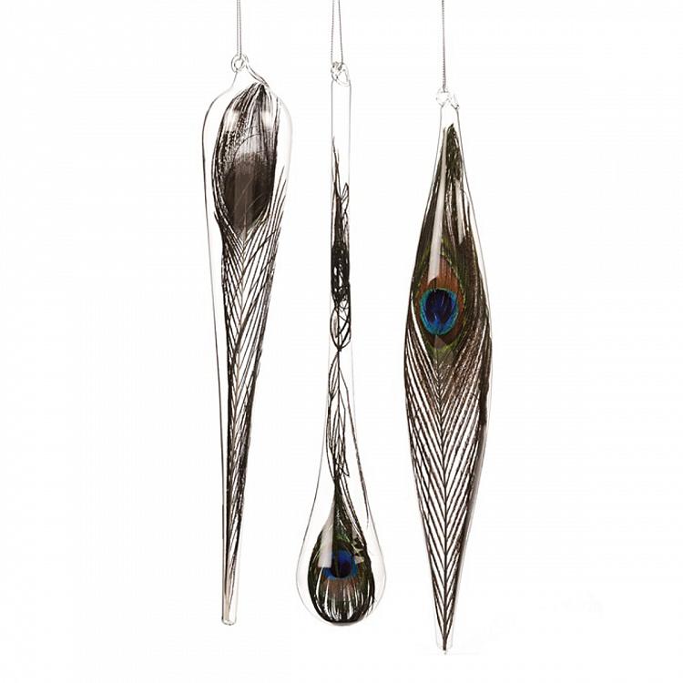 Набор из трёх ёлочных игрушек с пером павлина внутри Set Of 3 Glass Peacock Plume Icicle Drop 30 cm