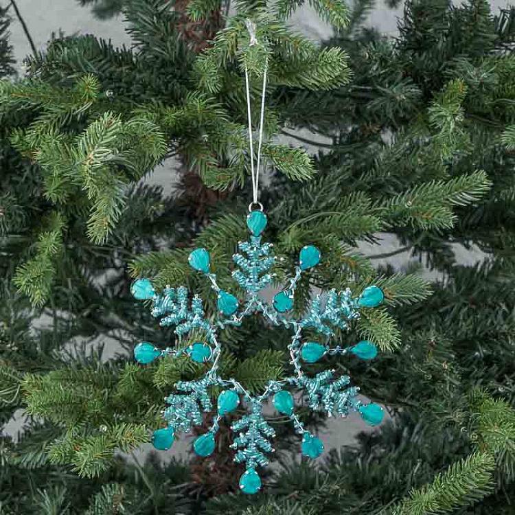 Ёлочная игрушка Серебристая снежинка с бирюзовыми стразами Turquoise Stones Snowflake Silver 19 cm