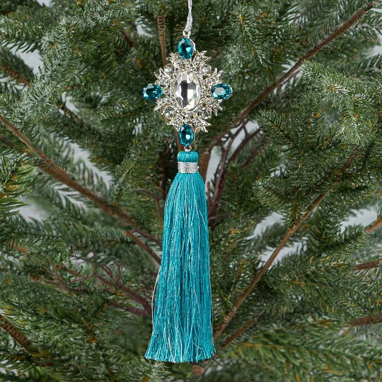 Новогодняя подвеска Голубая кисть со стразами Silver-Blue Rhinestones Pendant With Tassel 20 cm