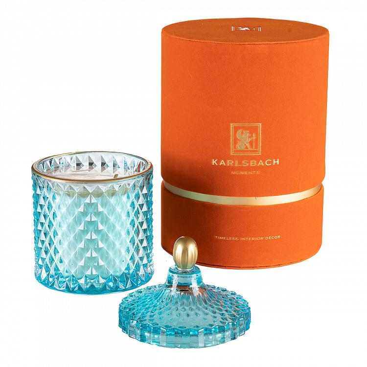 Арома-свеча в голубом фасетном стакане Огурец, L Aroma Candle In Blue Faceted Glass Cucumber Large