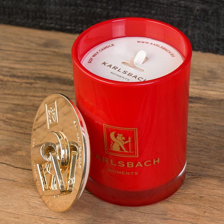 Арома-свеча в красном стакане с золотой крышкой Цветы апельсина Aroma Candle In Red Glass With Gold Lid Orange Blossoms