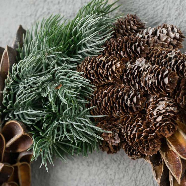 Заснеженный венок с сосновыми шишками и ракушками Frost Pinecone Wreath Brown Green 34 cm