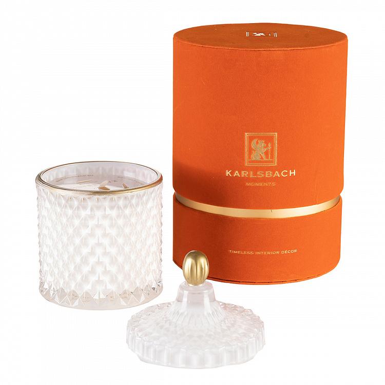 Арома-свеча в белом фасетном стакане Шёлковый цветок, L Aroma Candle In White Faceted Glass Silk Flower Large