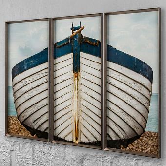 Модульный фото-принт Set Of 3 Blue And White Boat, Pewter Frame