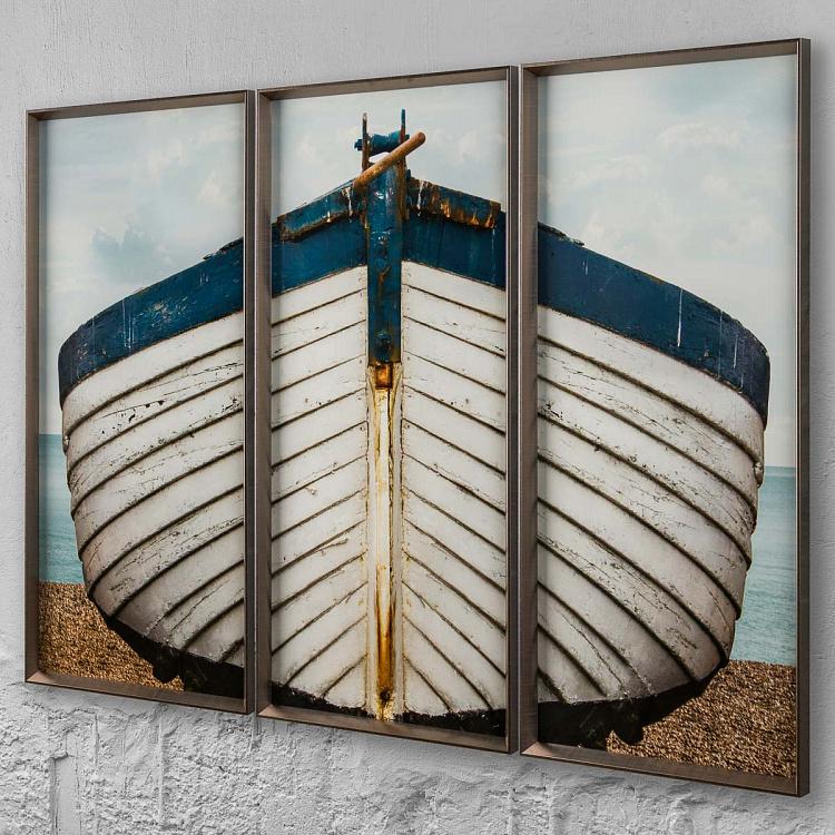 Модульный фото-принт в деревянной раме Сине-белая лодка Set Of 3 Blue And White Boat, Pewter Frame