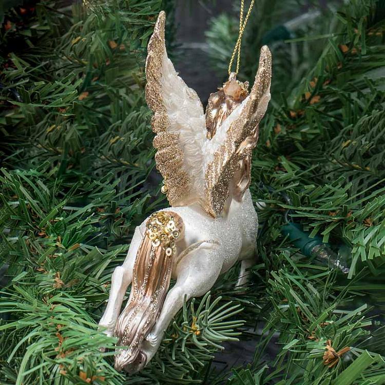 Ёлочная игрушка Фэнтезийный единорог с крыльями Glass Fantasy Unicorn With Wings White/Gold 15 cm