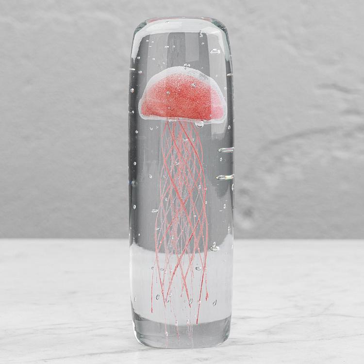 Cylinder Glass Paperweight Red Jellyfish