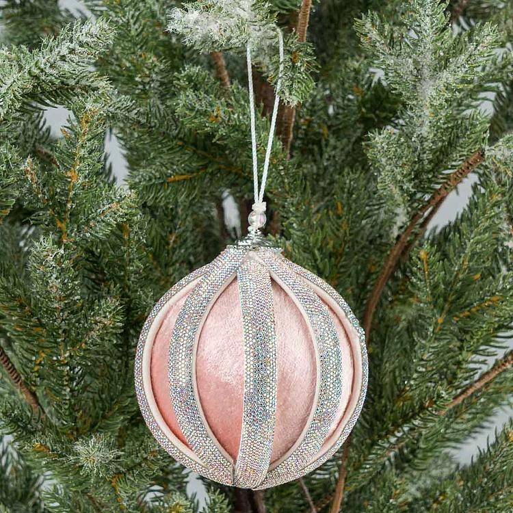 Ёлочная игрушка Розовый шар с полосами из страз Silver Rhinestones Velvet Ball Pink 10 cm