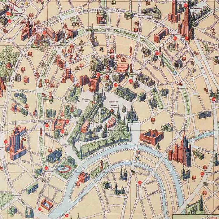 Картина-принт Карта Москвы, рама из высветленного дуба Classic Map Moscow, Weathered Oak