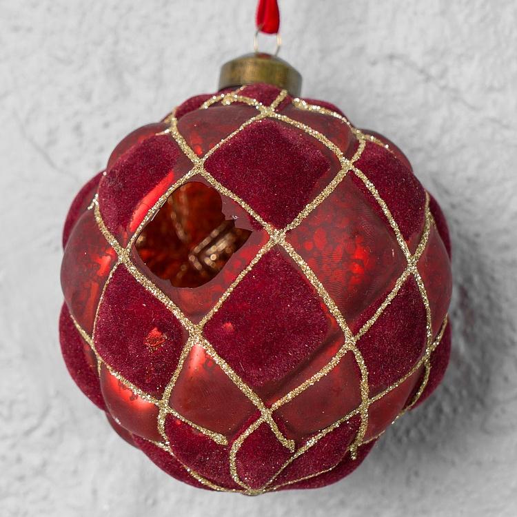 Ёлочная игрушка Бордовый шар с бархатными клетками дисконт Velvet Ball Burgundy 10 cm discount
