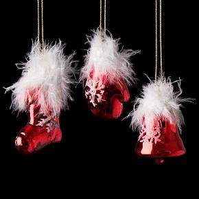 Set Of 3 Glass Feathers Bell/Sock/Mitten Red 8 cm