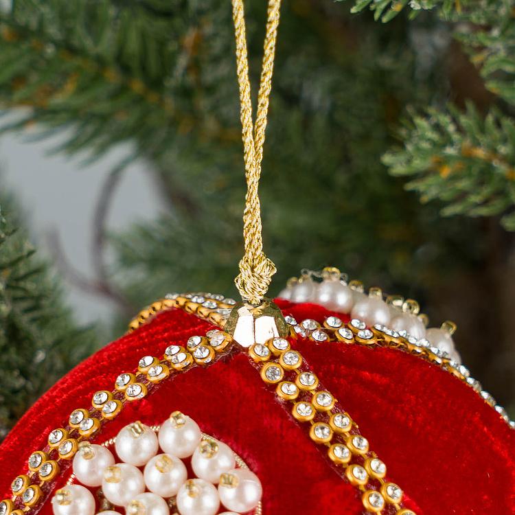 Ёлочная игрушка Красный шар с цветками из жемчуга и бисера Bead Pattern Velvet Ball Red 10 cm