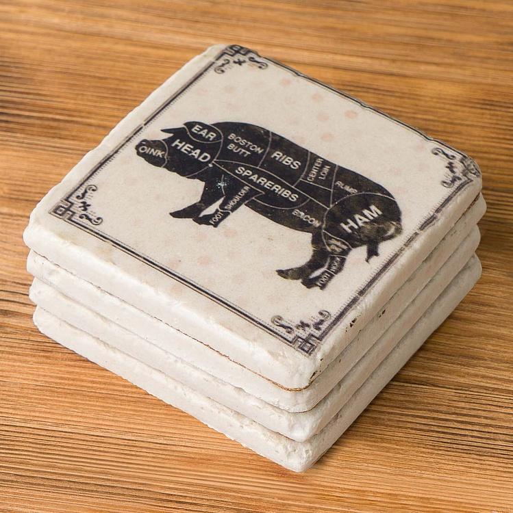 Набор из четырёх подставок под стаканы Фермерские обитатели Set Of 4 Stone Coasters Farm Animals