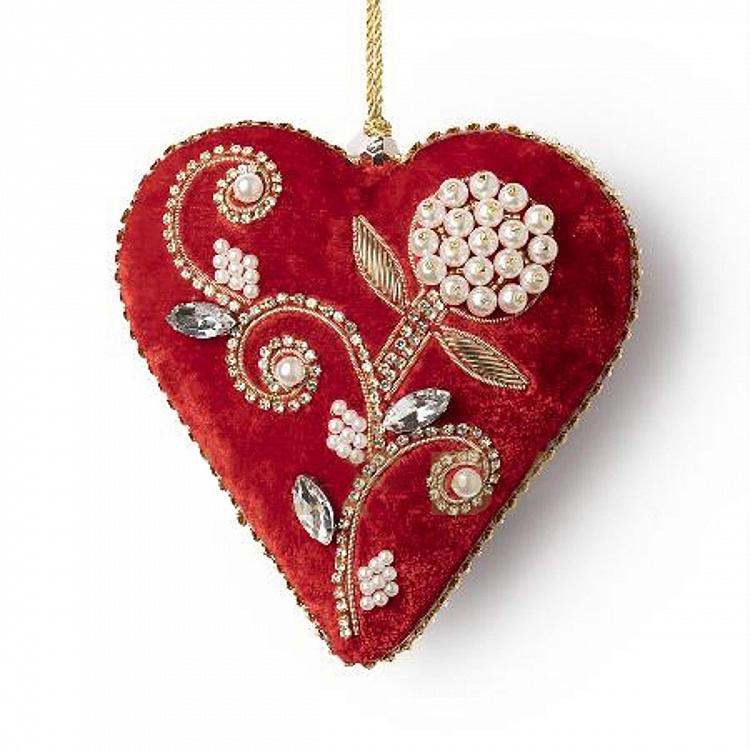 Ёлочная игрушка Бархатное красное сердце с цветочным узором Beads Pattern Velvet Heart Red 12 cm