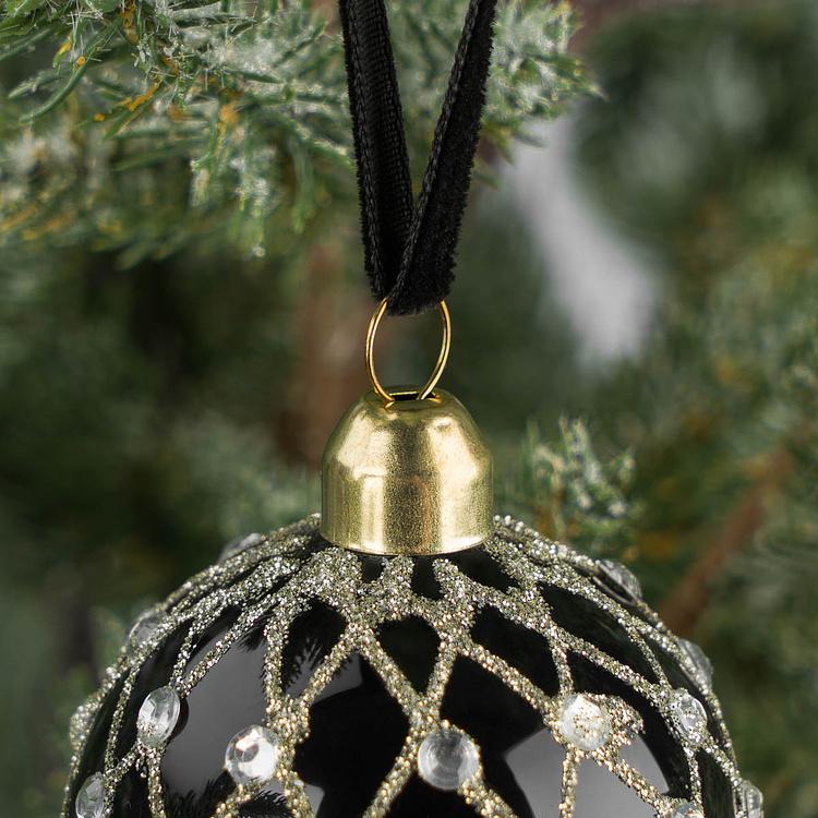 Ёлочная игрушка-шкатулка Чёрное яйцо с серебряным сеточным узором Xmas Egg Box Jewel Net Black Silver 9 cm