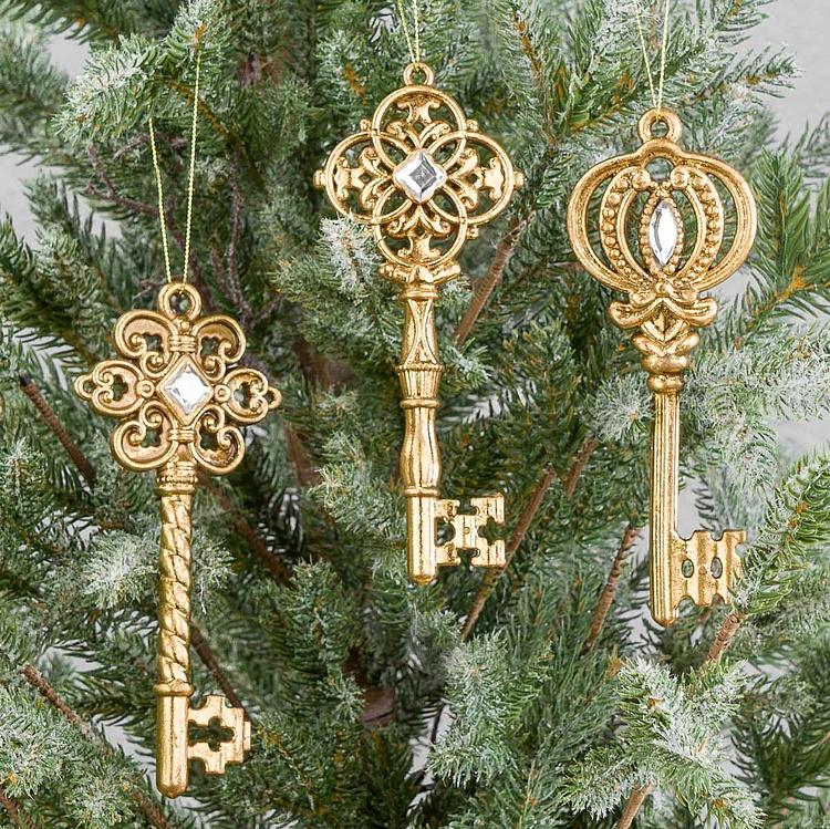 Набор из трёх ёлочных игрушек Золотые ключики Set Of 3 Jewel Keys Gold 16,5 cm