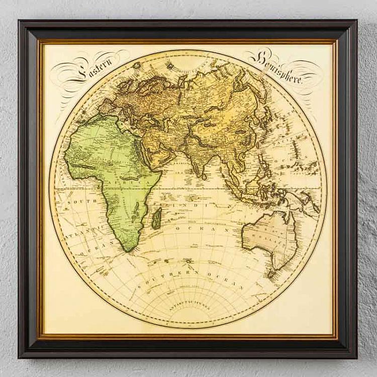 Винтажная картина-принт в чёрной с золотом раме Старинные карты Восточного полушария, 1831 Vintage Maps Eastern Hemisphere 1831, MP2 Frame