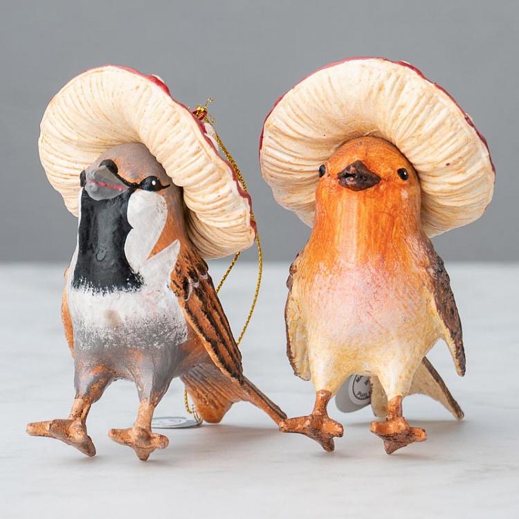 Набор из двух ёлочных игрушек Птицы под мухоморами дисконт1 Set Of 2 Mushroom Birds Brown/Red 12,5 cm discount1