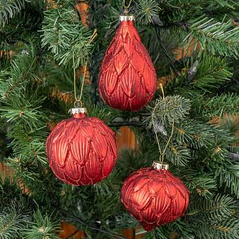 Set Of 3 Glass Glitter 3D Petal Balls Red 8 cm