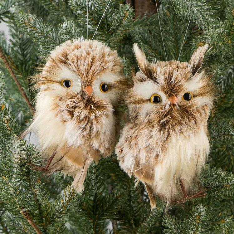 Набор из двух ёлочных игрушек Коричневые пушистые совы Set Of 2 Furry Owls Brown Cream 16 cm