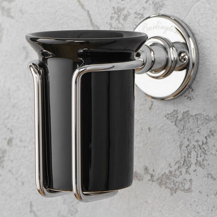 Настенный чёрный стакан для зубных щёток в подставке цвета хром Tumbler Holder Chrome And Black