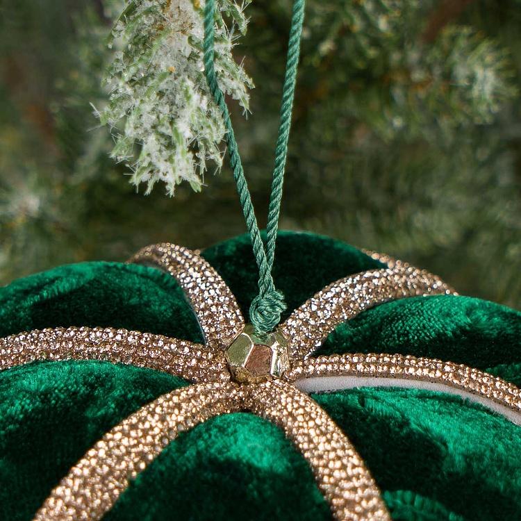 Ёлочная игрушка Зелёная тыква с орнаментом и стразами Velvet Pumpkin With Pattern And Rhinestones Green 12,5 cm