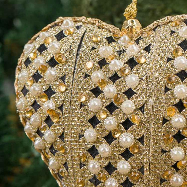 Ёлочная игрушка Чёрно-золотое сердце с жемчужинами Heart With Pearls Black Gold 12 cm