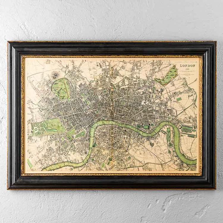 Винтажная картина-принт в чёрной с золотом раме Старинные карты Лондон, Англия, 1843 Vintage Maps London, England, 1843, MP3 Frame