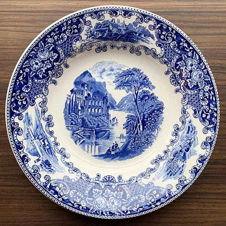 Винтажная тарелка белая с голубым мотивом 13, L Vintage Plate Blue White Large 13