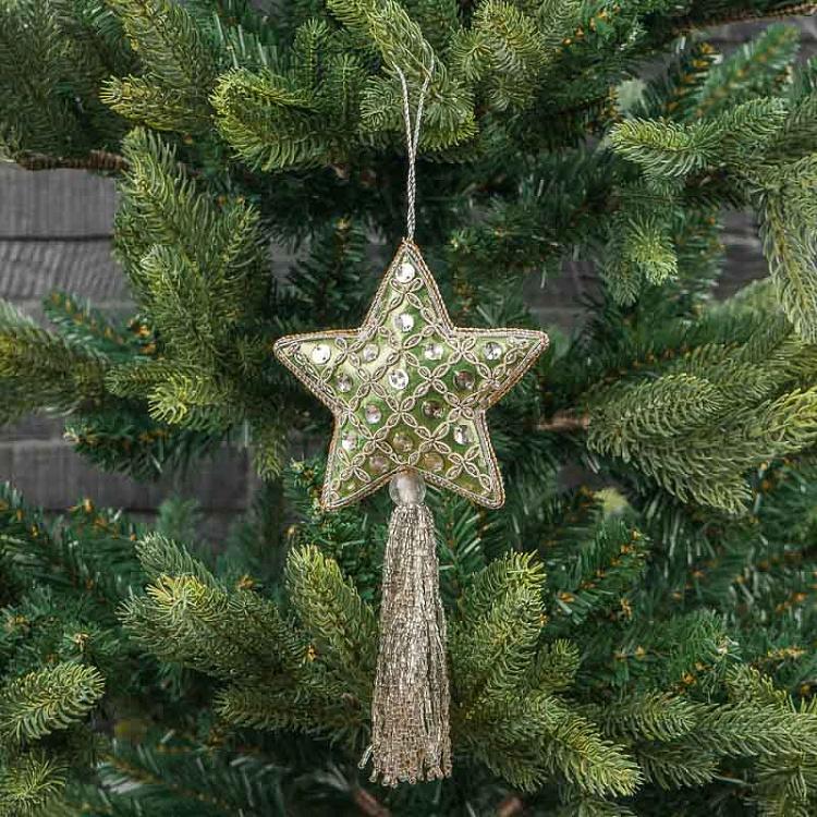 Новогодняя подвеска зелёно-серебристая звезда Pendant Star Silver Green 20 cm