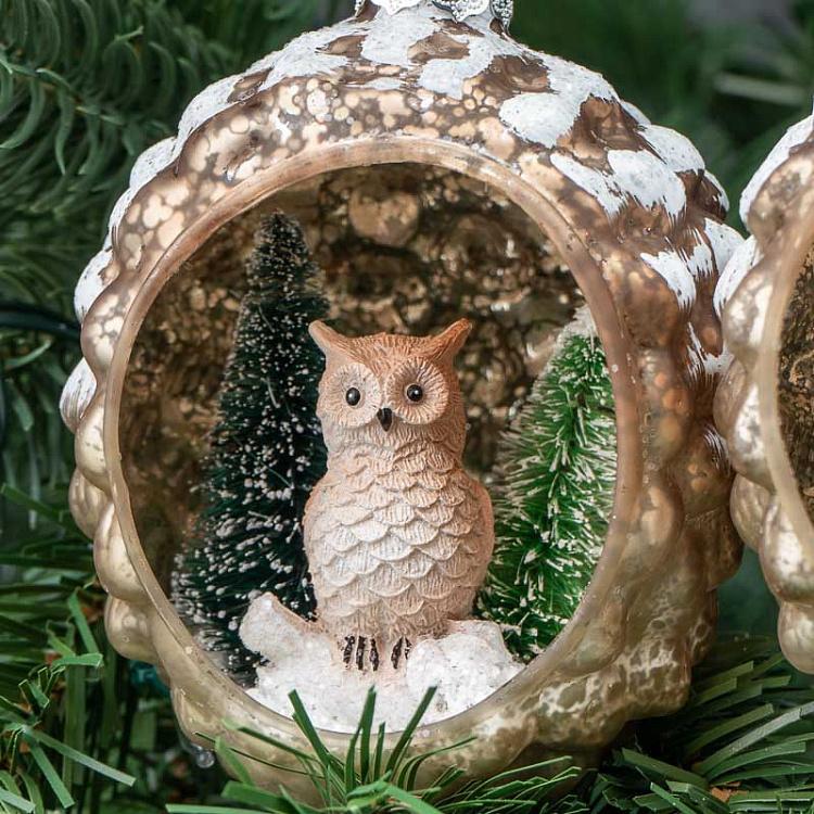 Набор из 2-х ёлочных игрушек Олени и сова в открытой шишке Set Of 2 Glass Deer And Owl In Open Pinecones Brown 10 cm