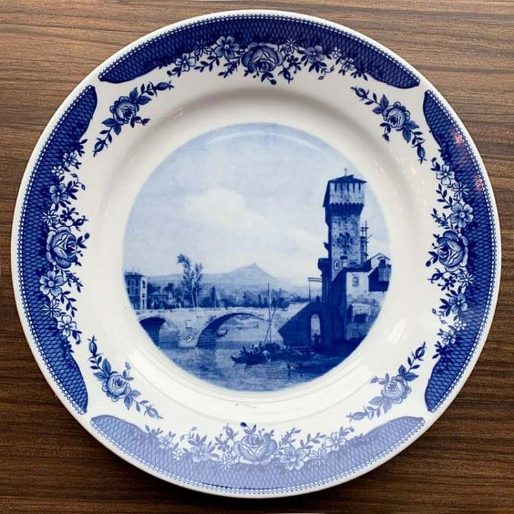 Винтажная тарелка белая с голубым мотивом 11, L Vintage Plate Blue White Large 11