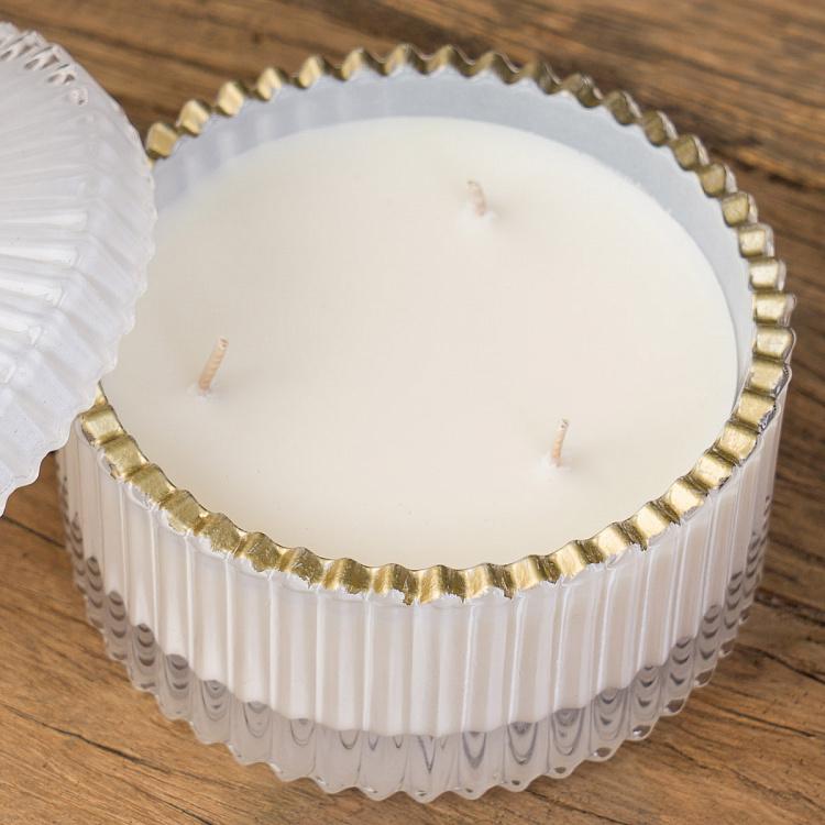 Арома-свеча в белом рифлёном стакане Шёлковый цветок, S Aroma Candle In White Striped Glass Silk Flower Small