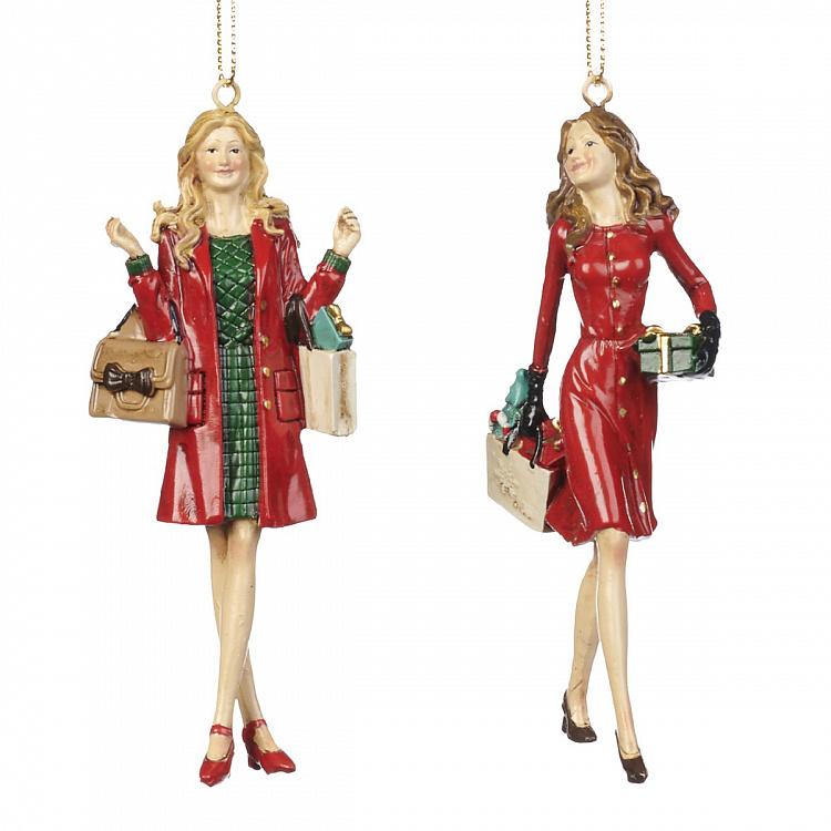 Набор из двух ёлочных игрушек Леди с покупками Set Of 2 Xmas Shopping Ladies 11,5 cm