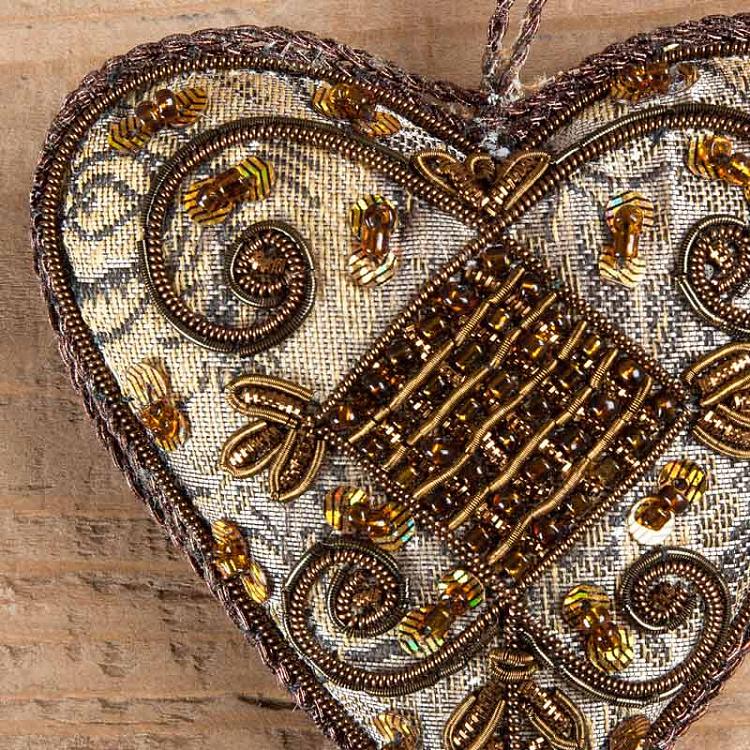 Ёлочная игрушка Сердце с вышивкой из бисера Heart Olive Fabric Embrodery 8 cm