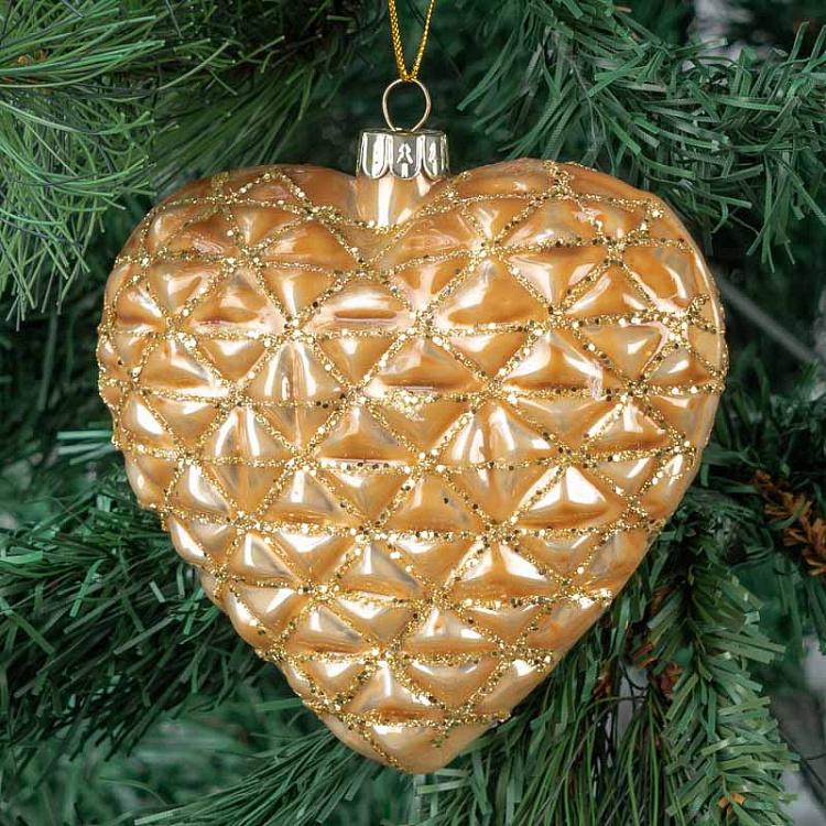 Ёлочная игрушка Текстурированное сердце 3D Glass Glitter 3D Textured Heart Gold 12 cm