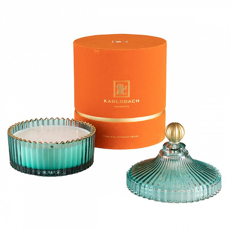 Арома-свеча в мятном рифлёном стакане Белый жасмин, L Aroma Candle In Mint Striped Glass White Jasmine Large