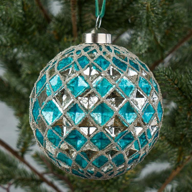 Ёлочная игрушка Многогранный шар голубой с серебром Multifaceted Ball Blue With Silver 10 cm