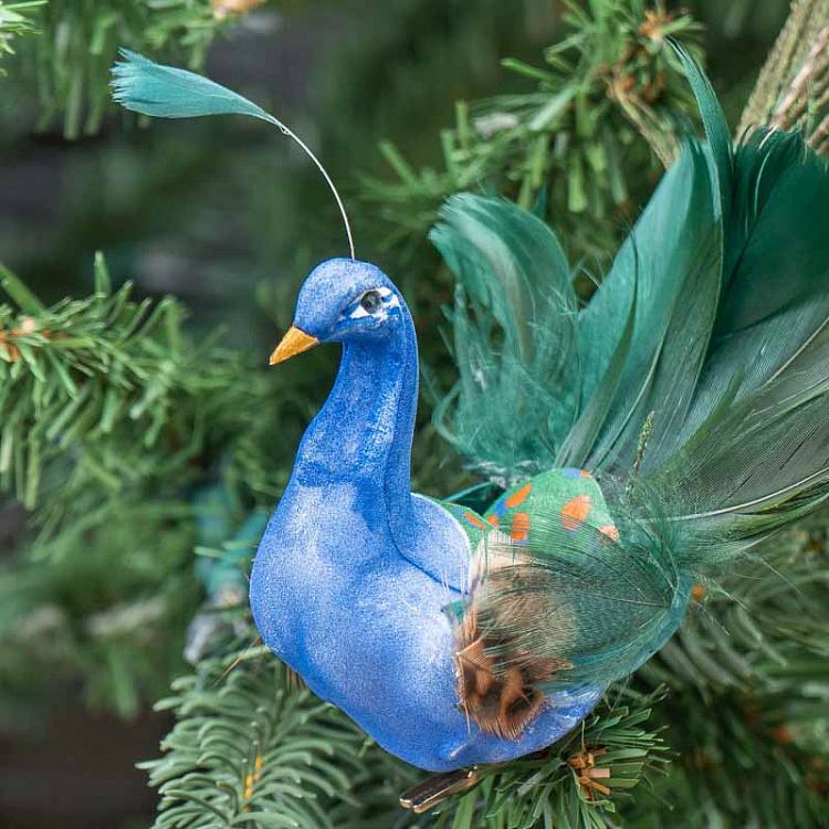 Ёлочная игрушка Павлин на прищепке Feather Open Tail Peacock On Clip Green/Blue 25,5 cm