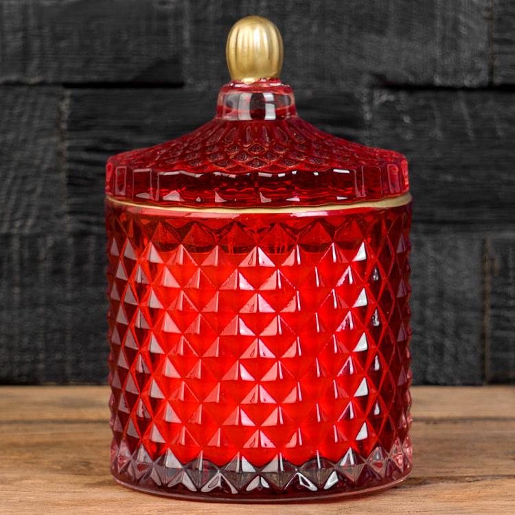 Арома-свеча в красном фасетном стакане Фиолетоволистная роза, S Aroma Candle In Red Faceted Glass Berry Rose Small