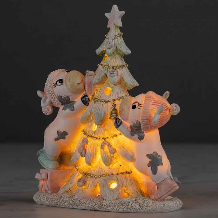 Новогодняя фигурка с подсветкой Бычки и ёлочка Calves With Christmas Tree 14 cm