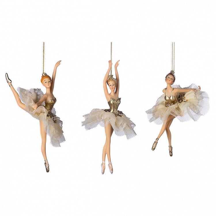 Set Of 3 Fabric Pearl Ballerinas White Gold 19 cm