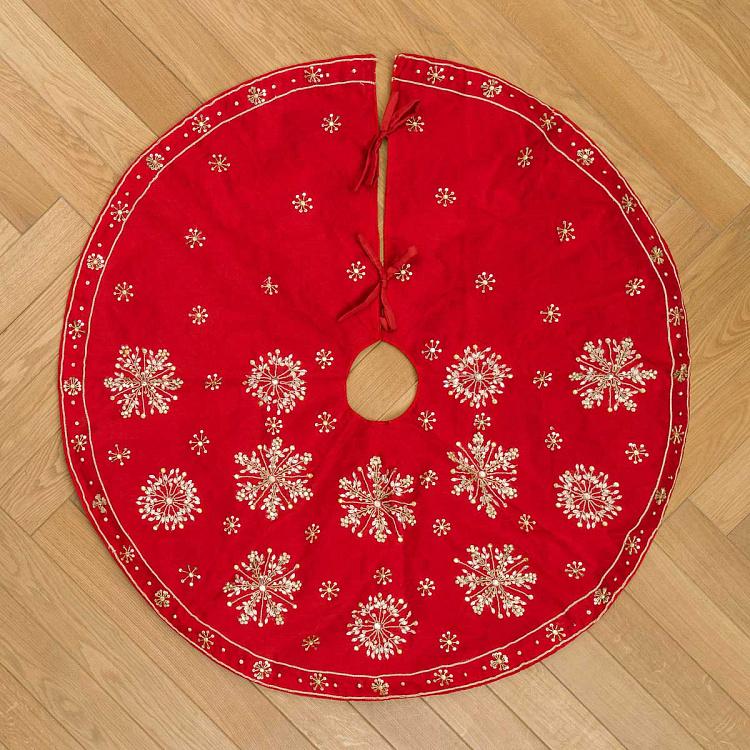 Красный коврик-юбка под ёлку с золотыми снежинками Golden Snowflakes Christmas Tree Skirt Red 106 cm