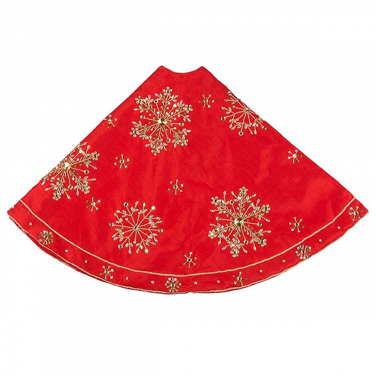 Красный коврик-юбка под ёлку с золотыми снежинками Golden Snowflakes Christmas Tree Skirt Red 106 cm