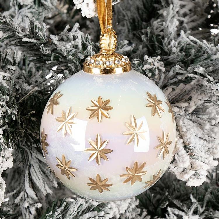 Ёлочная игрушка Белый шар с золотыми снежинками, M Gold Snowflakes Ball White 10 cm