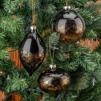 Set Of 3 Glass Gold Leaf Balls Black 10 cm