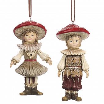 Набор из 2-х ёлочных игрушек Set Of 2 Wooden Mushroom Kids Red Brown 13 cm