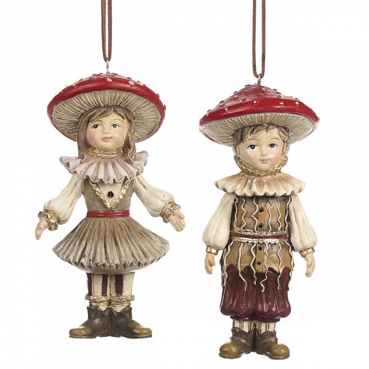 Набор из двух ёлочных игрушек Дети в костюме грибов Set Of 2 Mushroom Kids Red Brown 13 cm