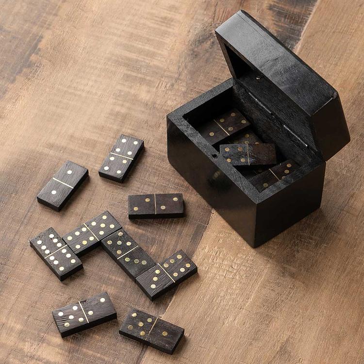 Шкатулка с набором домино, латунные вставки дисконт Black Wooden Domino Box Brass Details discount