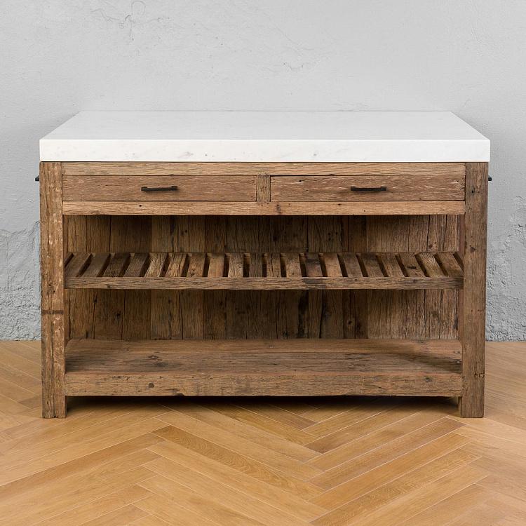 Кухонный стол-остров с мраморной столешницей Грета Greta Marble Top Kitchen Counter Reclaimed Wood